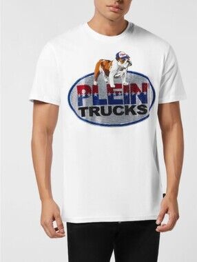 Philipp Plein Mens White Bulldog Crystal Round Neck Tshirt Size 2XL